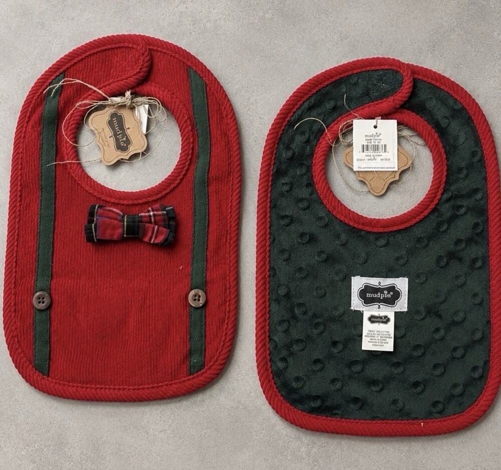 Mud Pie Bib Boys Christmas Bow Tie Minky Bib NWT Suspenders Boutique Holiday